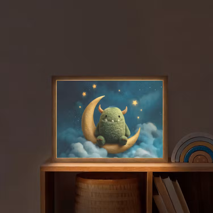 Monster - Groen - Maan - Wolken Light Box met batterij (Wandlamp kind) middel -sfeer1_kind