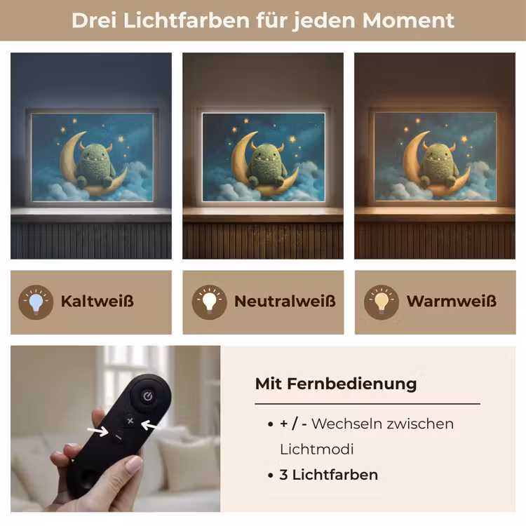 Monster - Groen - Maan - Wolken Light Box met batterij (Wandlamp kind) middel -USP_lichtkleurDE