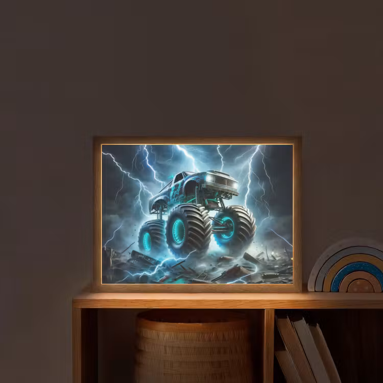 Monstertruck - Bliksem - Blauw - Jongens - Auto Light Box met batterij (Wandlamp kind) middel -sfeer1_kind