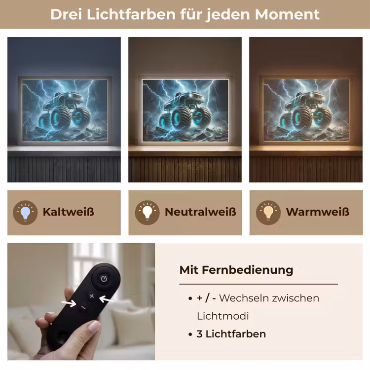 Monstertruck - Bliksem - Blauw - Jongens - Auto Light Box met batterij (Wandlamp kind) middel -USP_lichtkleurDE