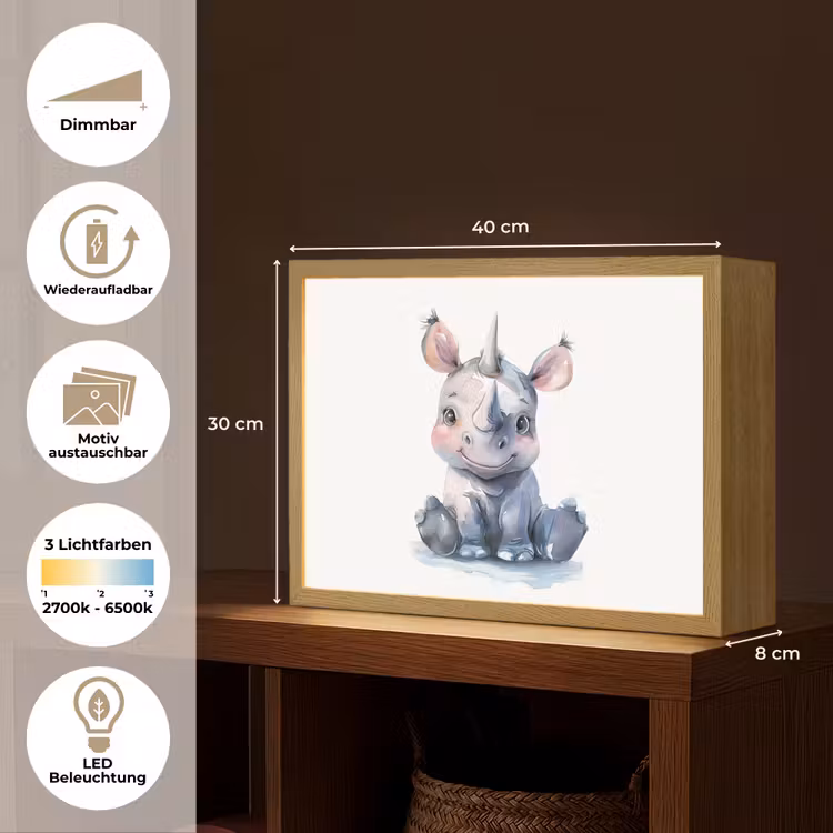 Neushoorn - Baby dier - Dieren Light Box met batterij (Wandlamp kind) middel -USP_websiteoverzichtDE