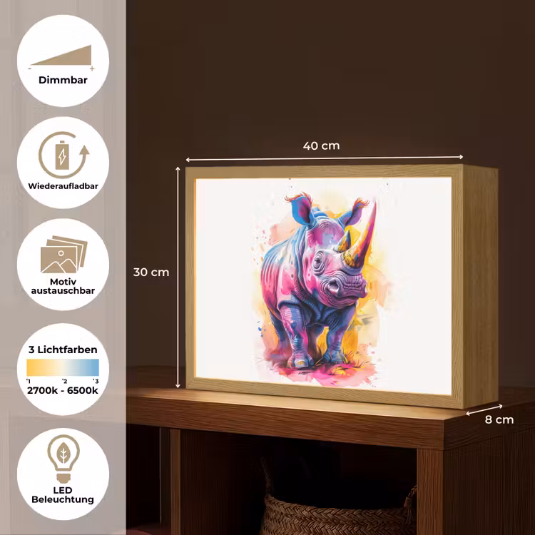 Neushoorn - Kleurrijk - Verf - Dieren Light Box met batterij (Wandlamp kind) middel -USP_websiteoverzichtDE