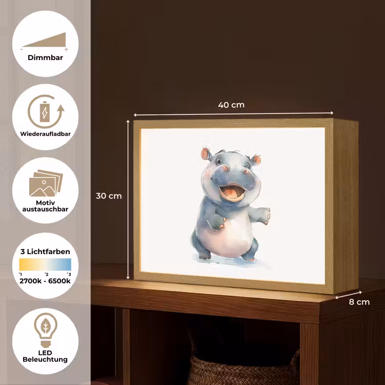 Nijlpaard - Baby dier - Dieren Light Box met batterij (Wandlamp kind) middel -USP_websiteoverzichtDE