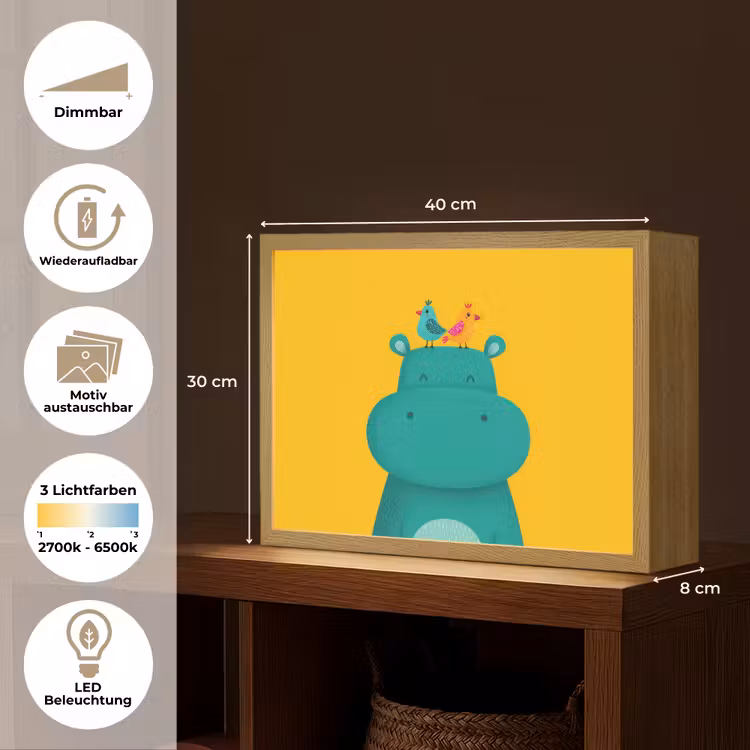Nijlpaard - Vogels - Groen - Geel Light Box met batterij (Wandlamp kind) middel -USP_websiteoverzichtDE