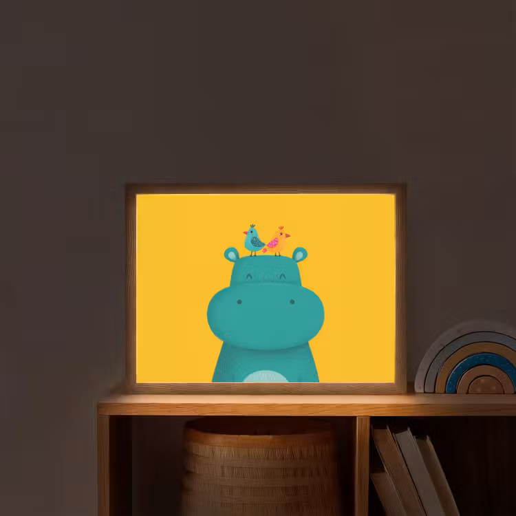 Nijlpaard - Vogels - Groen - Geel Light Box met batterij (Wandlamp kind) middel -sfeer1_kind