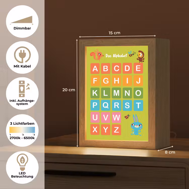 Educatief - Alfabet leren - Groen - Bosdieren - Letters Light Box met kabel (Wandlamp kind) klein -USP_overzichtDE