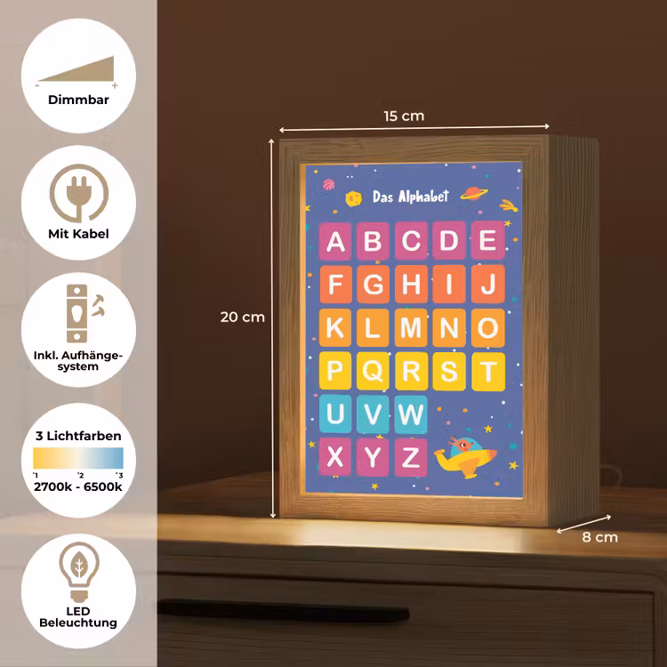 Educatief - Alfabet leren - Ruimte - Letters Light Box met kabel (Wandlamp kind) klein -USP_overzichtDE