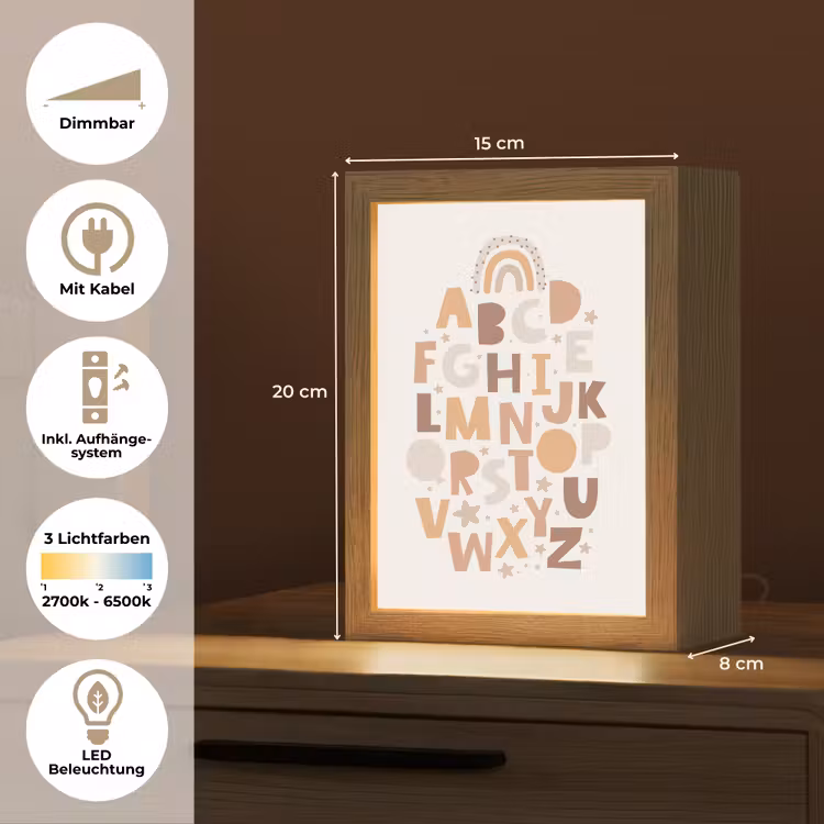 Educatief - Alfabet leren - Regenboog - Pastel - Letters Light Box met kabel (Wandlamp kind) klein -USP_overzichtDE