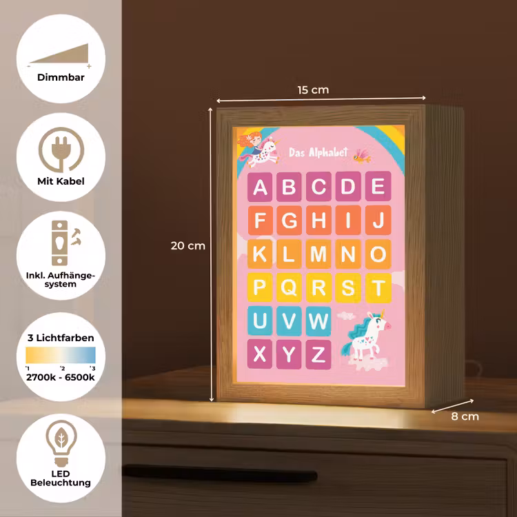 Educatief - Alfabet leren - Roze - Eenhoorn - Letters Light Box met kabel (Wandlamp kind) klein -USP_overzichtDE