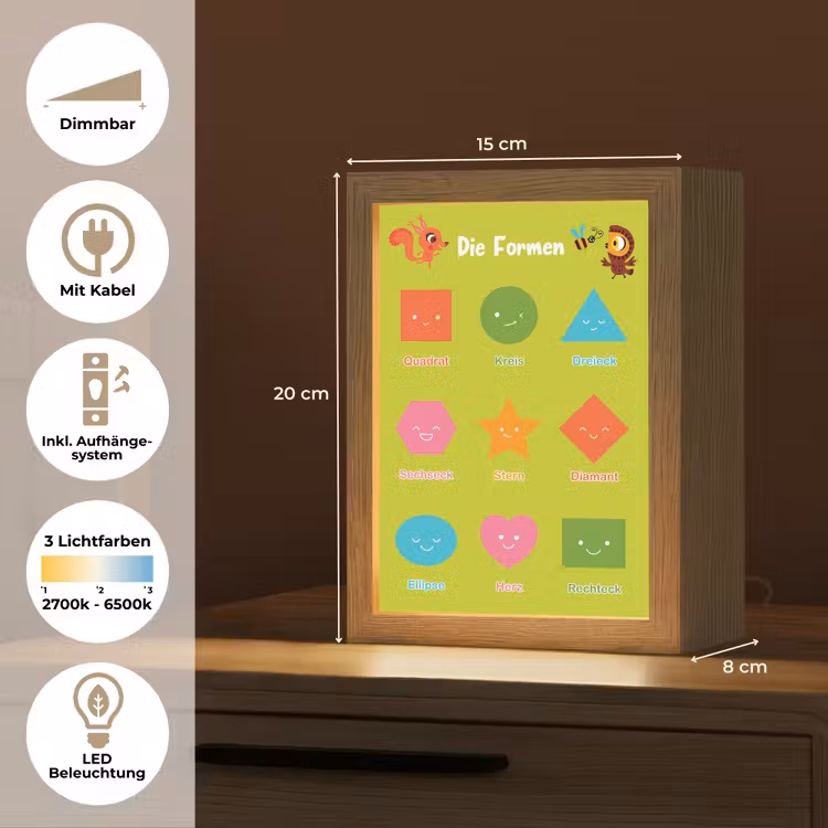 Educatief - Vormen leren - Groen - Geometrische vormen Light Box met kabel (Wandlamp kind) klein -USP_overzichtDE