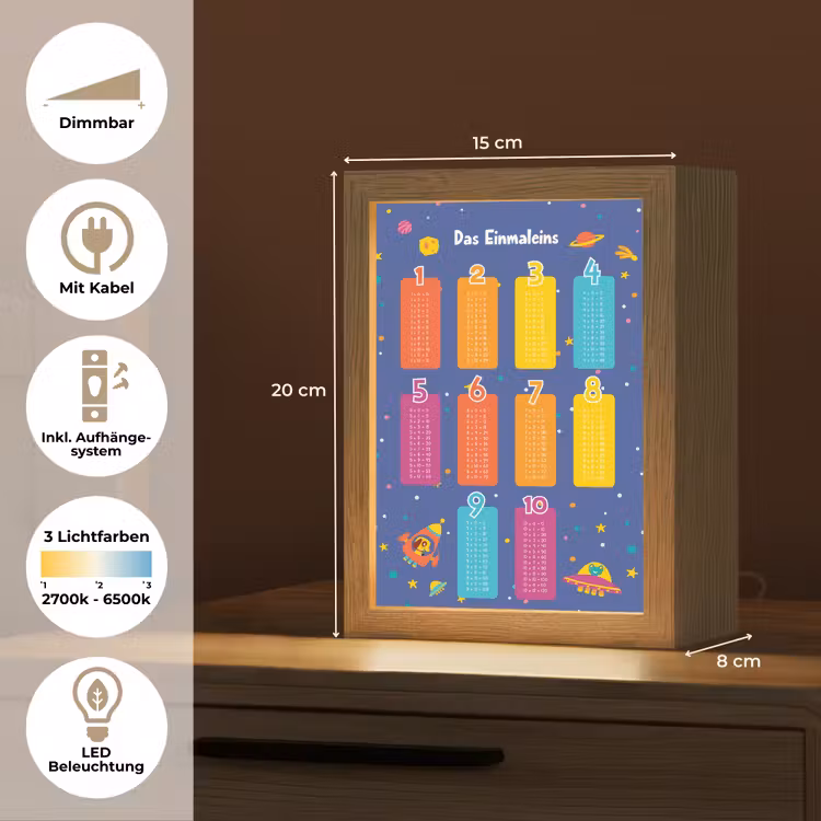 Educatief - Leren rekenen - Ruimte - Vermenigvuldigingstabel Light Box met kabel (Wandlamp kind) klein -USP_overzichtDE