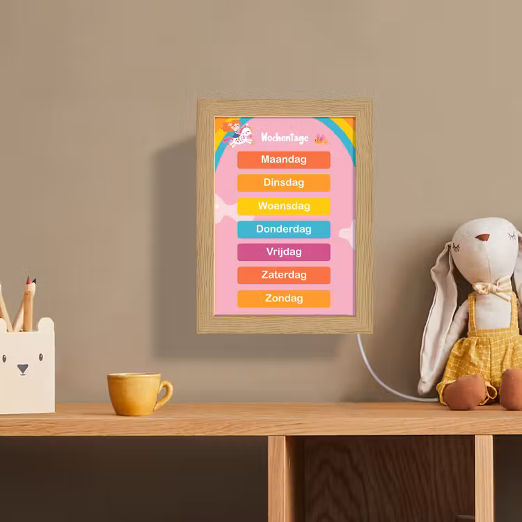 Educatief - Dagen van de week - Eenhoorn - Leren - Meisjes Light Box met kabel (Wandlamp kind) klein -sfeer2_kind