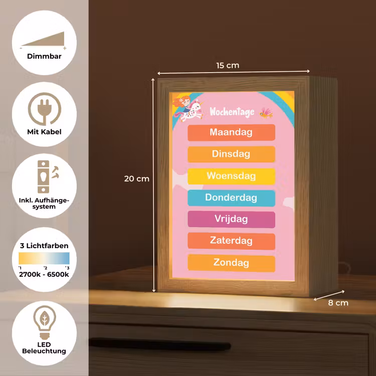 Educatief - Dagen van de week - Eenhoorn - Leren - Meisjes Light Box met kabel (Wandlamp kind) klein -USP_overzichtDE