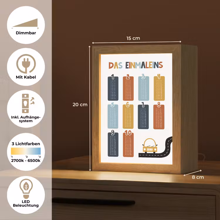 Educatief - Leren rekenen - Auto - Vermenigvuldigingstabel Light Box met kabel (Wandlamp kind) klein -USP_overzichtDE
