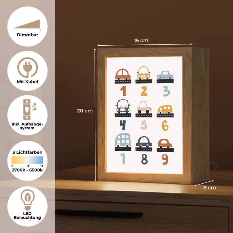 Educatief - Leren tellen - Auto's - 1-10 - Jongens Light Box met kabel (Wandlamp kind) klein -USP_overzichtDE