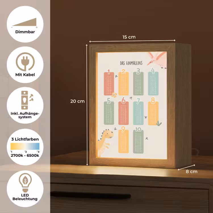 Educatief - Leren rekenen - Dino - Vermenigvuldigingstabel Light Box met kabel (Wandlamp kind) klein -USP_overzichtDE