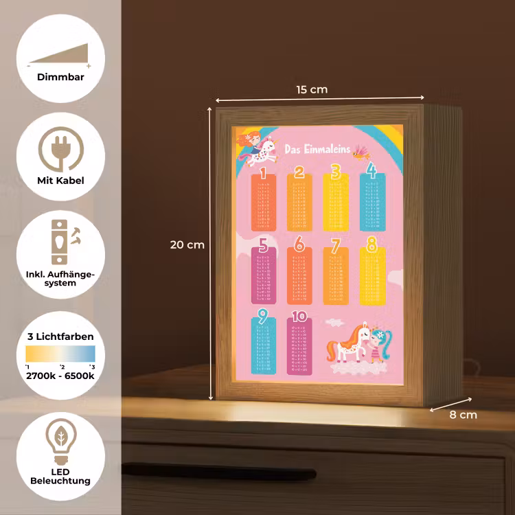 Educatief - Leren rekenen - Eenhoorn - Vermenigvuldigingstabel Light Box met kabel (Wandlamp kind) klein -USP_overzichtDE