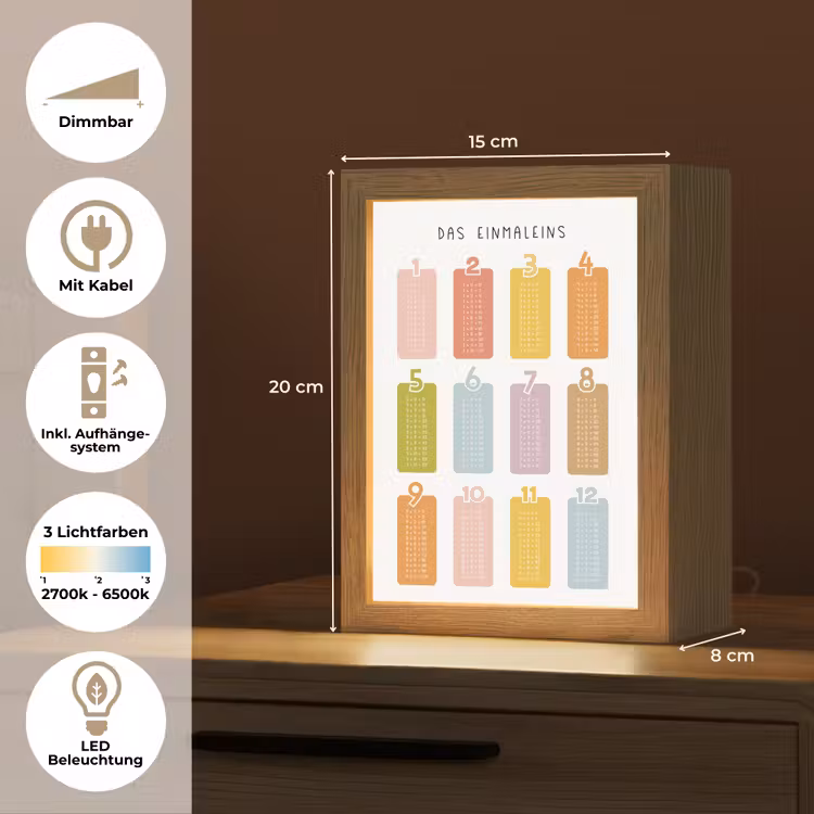 Educatief - Leren rekenen - Kleurrijk - Vermenigvuldigingstabel Light Box met kabel (Wandlamp kind) klein -USP_overzichtDE
