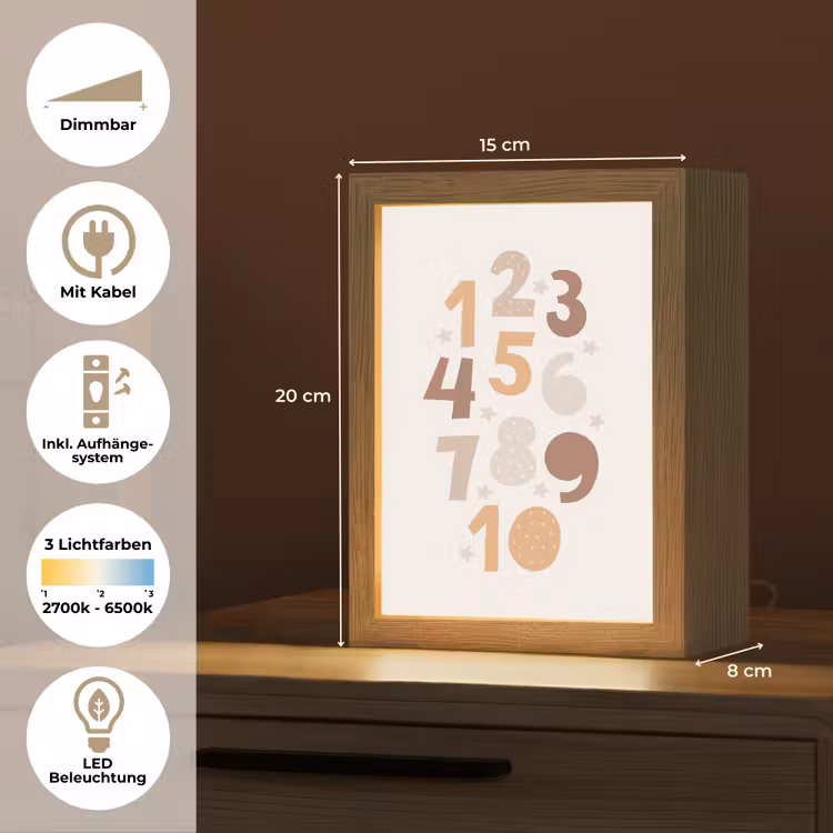 Educatief - Leren tellen - Pastel - 1-10 - Meisjes Light Box met kabel (Wandlamp kind) klein -USP_overzichtDE
