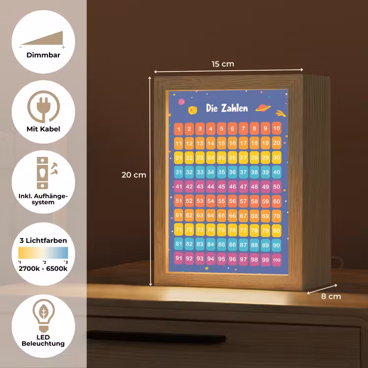 Educatief - Leren tellen - Ruimte - Getallen - Jongens Light Box met kabel (Wandlamp kind) klein -USP_overzichtDE