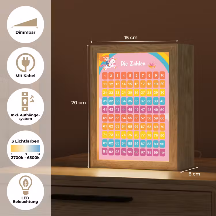 Educatief - Leren tellen - Regenboog - Eenhoorn - Getallen Light Box met kabel (Wandlamp kind) klein -USP_overzichtDE