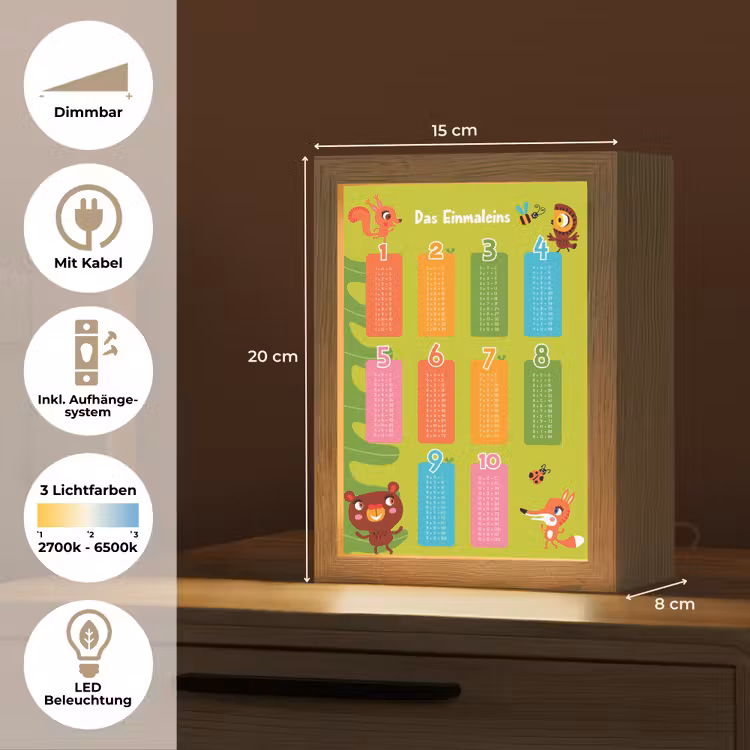 Educatief - Leren rekenen - Bosdieren - Vermenigvuldigingstabel Light Box met kabel (Wandlamp kind) klein -USP_overzichtDE