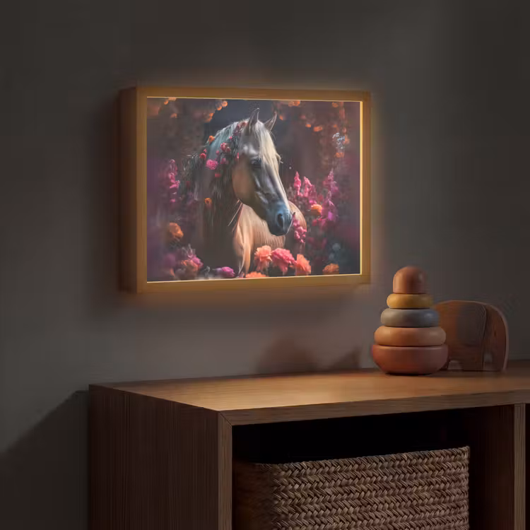Paard - Bloemen - Paars - Oranje - Dieren Light Box met batterij (Wandlamp kind) middel -sfeer5_kind