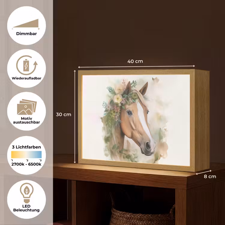 Paard - Bloemen - Natuur - Waterverf - Dieren Light Box met batterij (Wandlamp kind) middel -USP_websiteoverzichtDE