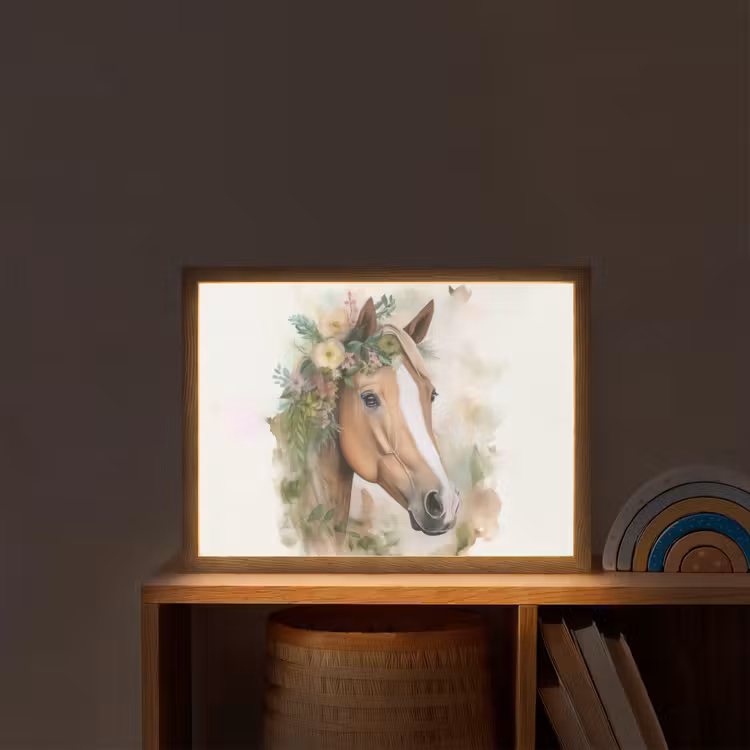 Paard - Bloemen - Natuur - Waterverf - Dieren Light Box met batterij (Wandlamp kind) middel -sfeer1_kind
