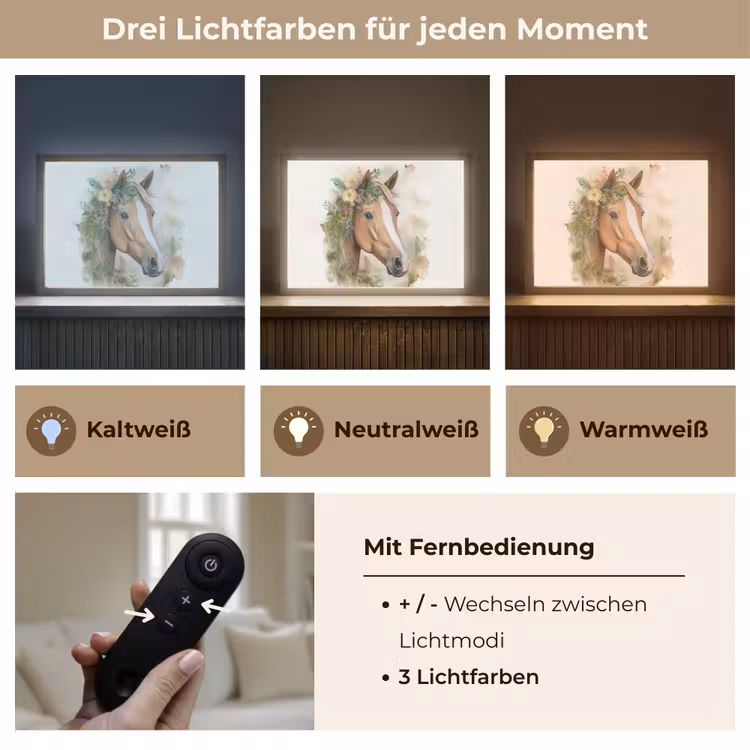Paard - Bloemen - Natuur - Waterverf - Dieren Light Box met batterij (Wandlamp kind) middel -USP_lichtkleurDE