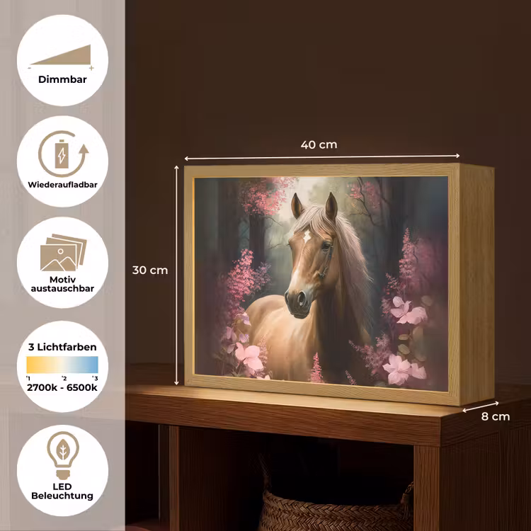 Paard - Bloemen - Roze - Natuur - Bos Light Box met batterij (Wandlamp kind) middel -USP_websiteoverzichtDE