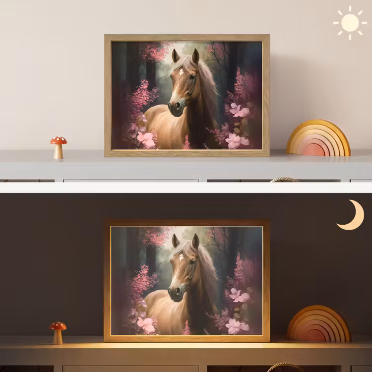 Paard - Bloemen - Roze - Natuur - Bos Light Box met batterij (Wandlamp kind) middel -sfeer3_kind