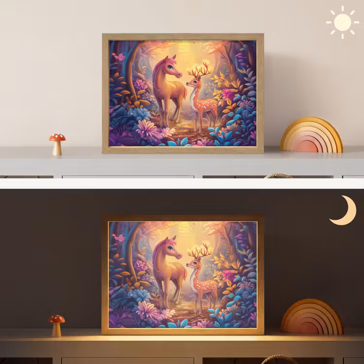 Paard - Hert - Sprookjesbos - Paars Light Box met batterij (Wandlamp kind) middel -sfeer3_kind