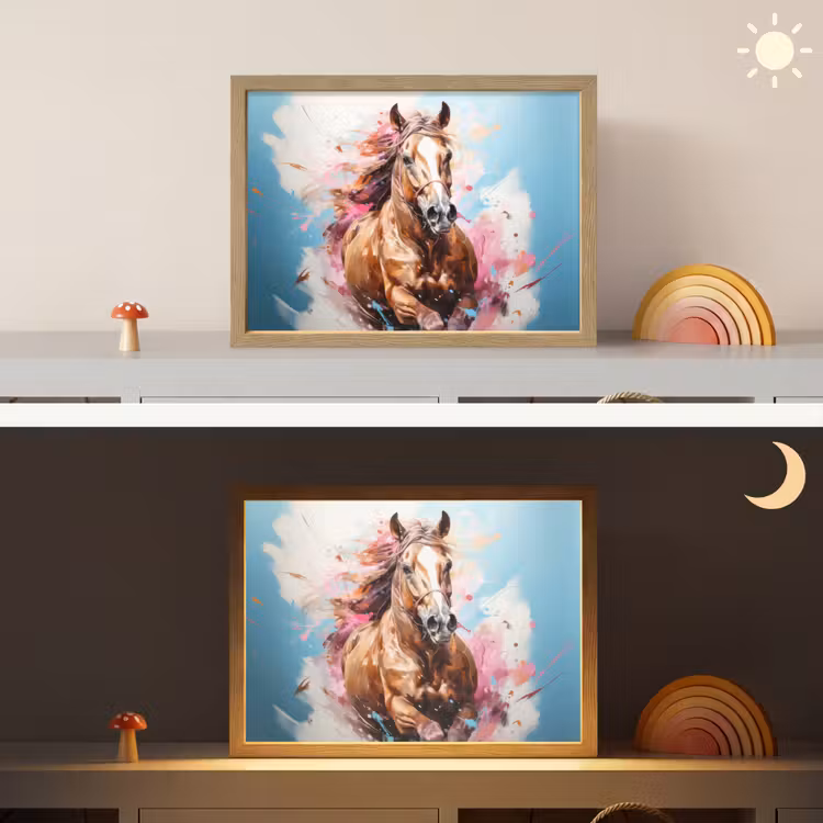 Paard - Meisjes - Blauw - Roze Light Box met batterij (Wandlamp kind) middel -sfeer3_kind