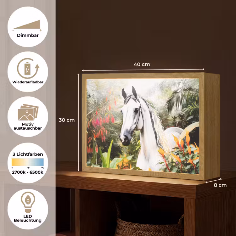 Paard - Wit - Bos - Bloemen - Planten Light Box met batterij (Wandlamp kind) middel -USP_websiteoverzichtDE