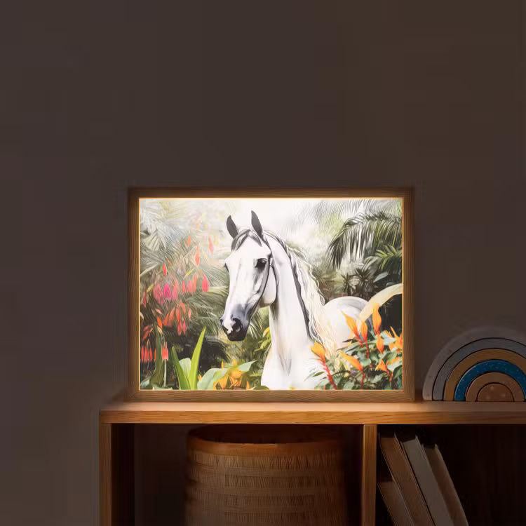 Paard - Wit - Bos - Bloemen - Planten Light Box met batterij (Wandlamp kind) middel -sfeer1_kind