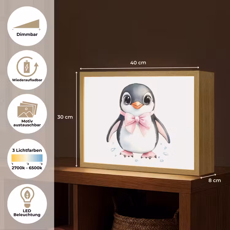 Pinguïn - Strikje - Roze - Dier Light Box met batterij (Wandlamp kind) middel -USP_websiteoverzichtDE