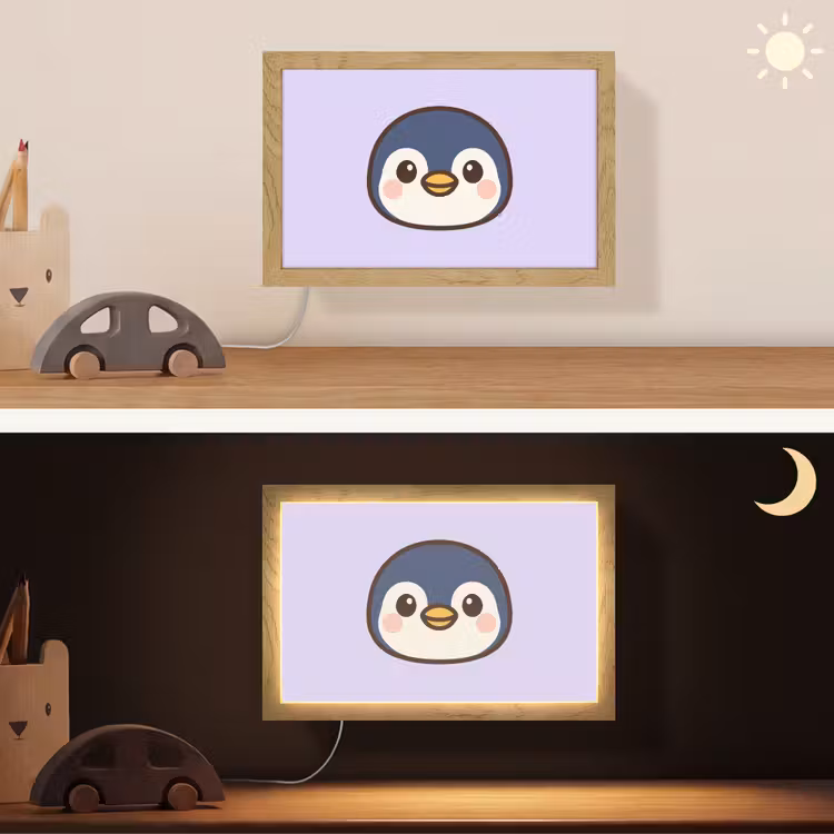Pinguïn - Paars - Schattig Light Box met kabel (Wandlamp kind) klein -sfeer3_kind