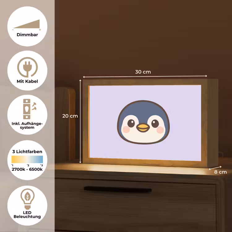 Pinguïn - Paars - Schattig Light Box met kabel (Wandlamp kind) klein -USP_overzichtDE