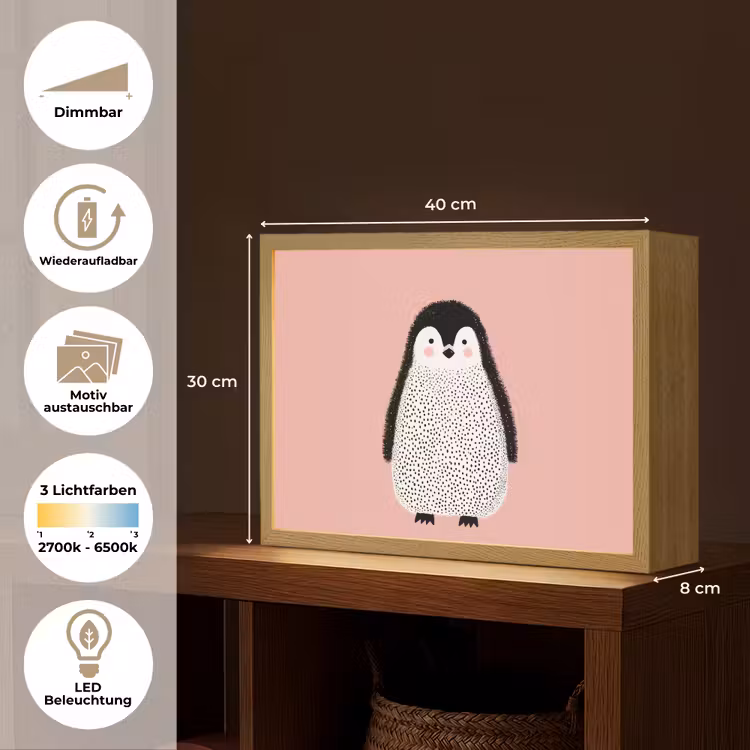 Pinguïn - Stippen - Minimalistisch - Roze Light Box met batterij (Wandlamp kind) middel -USP_websiteoverzichtDE