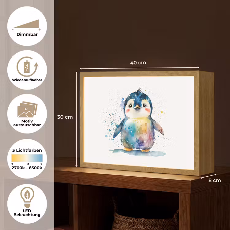 Pinguïn - Regenboog - Waterverf - Dieren - Kinderen Light Box met batterij (Wandlamp kind) middel -USP_websiteoverzichtDE