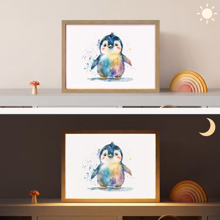 Pinguïn - Regenboog - Waterverf - Dieren - Kinderen Light Box met batterij (Wandlamp kind) middel -sfeer3_kind