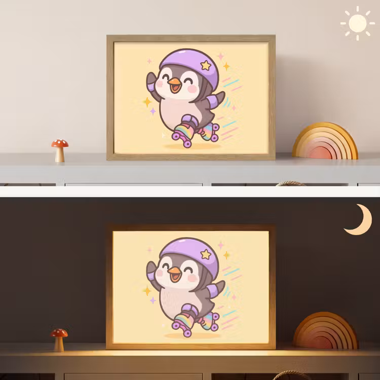 Pinguïn - Rolschaatsen - Geel - Energiek Light Box met batterij (Wandlamp kind) middel -sfeer3_kind