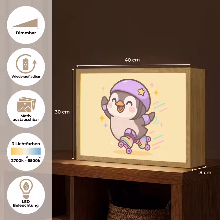 Pinguïn - Rolschaatsen - Geel - Energiek Light Box met batterij (Wandlamp kind) middel -USP_websiteoverzichtDE