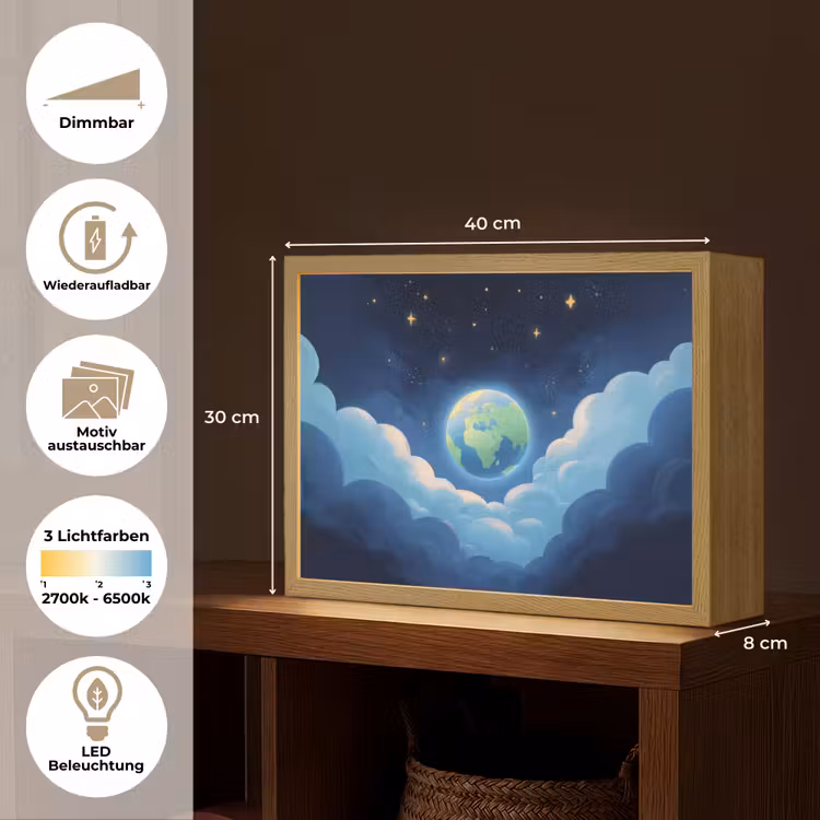 Planeet - Wolken - Sterren - Blauw Light Box met batterij (Wandlamp kind) middel -USP_websiteoverzichtDE