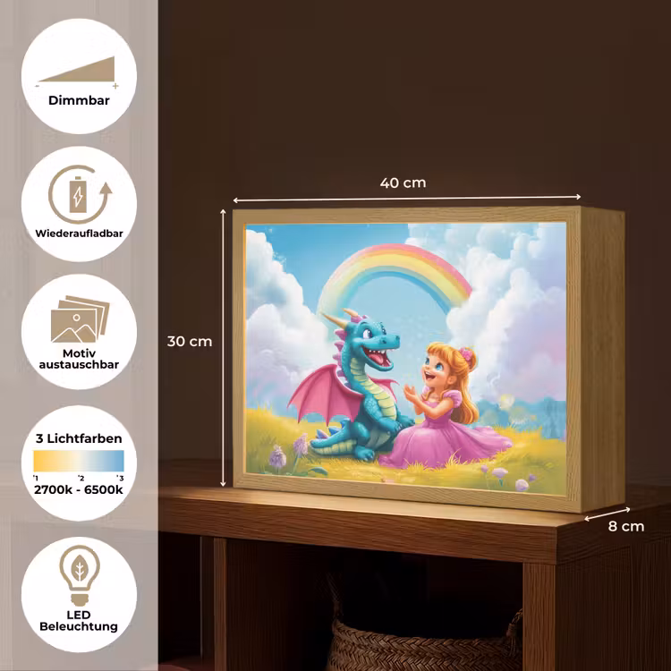 Prinses - Draak - Regenboog Light Box met batterij (Wandlamp kind) middel -USP_websiteoverzichtDE