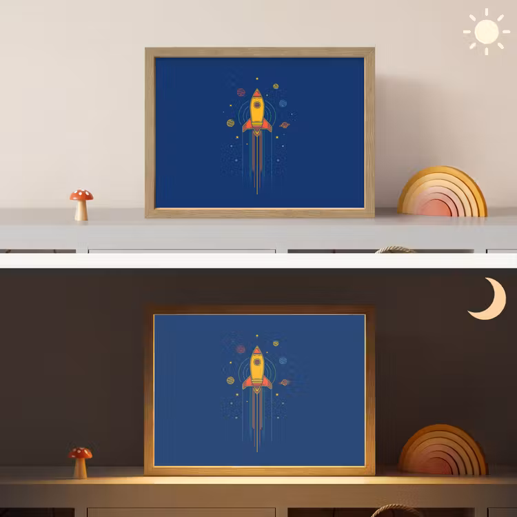 Raket - Blauw - Sterren Light Box met batterij (Wandlamp kind) middel -sfeer3_kind