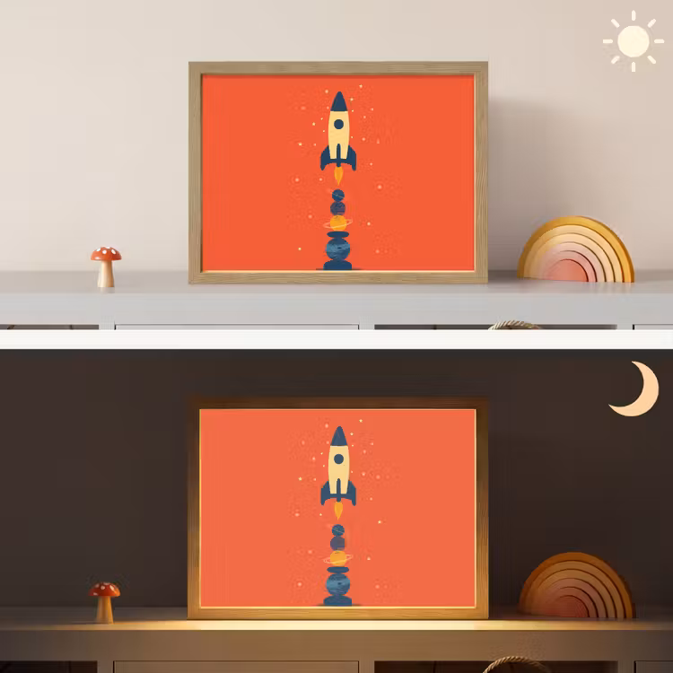 Raket - Planeten - Rood Light Box met batterij (Wandlamp kind) middel -sfeer3_kind