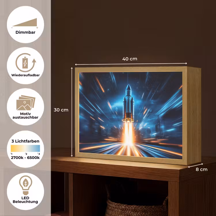 Raket - Ruimte - Blauw - Licht Light Box met batterij (Wandlamp kind) middel -USP_websiteoverzichtDE