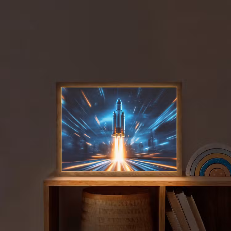 Raket - Ruimte - Blauw - Licht Light Box met batterij (Wandlamp kind) middel -sfeer1_kind